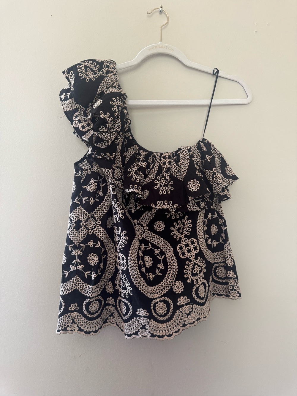 LoveShackFancy Black & Cream One-Shoulder Ruffle Embroidered Crop Top
